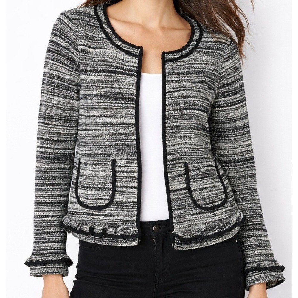 Catherine Malandrino Womens LP Textured Bouclé Stripe Ruffle Hem Jacket NWT